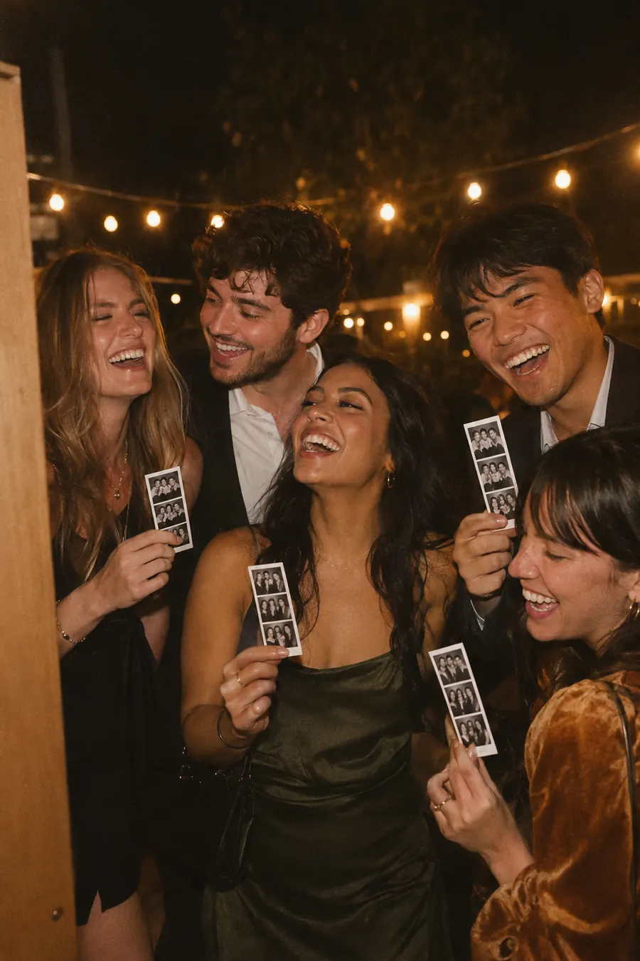 Friends laughing in an open-air photobooth while holding printed photo strips under string lights