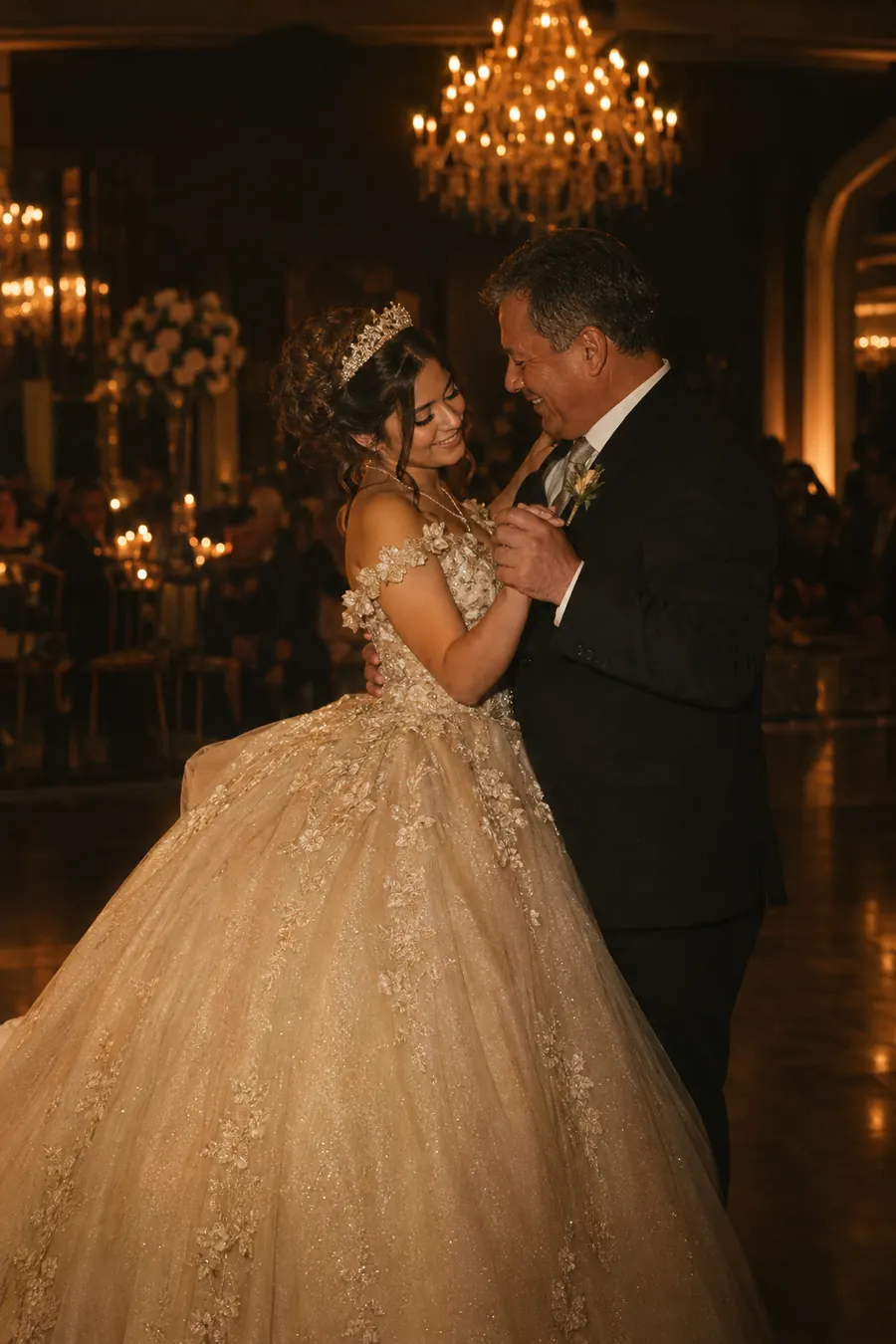 A young woman in a champagne ball gown dancing with her father under golden ballroom lights